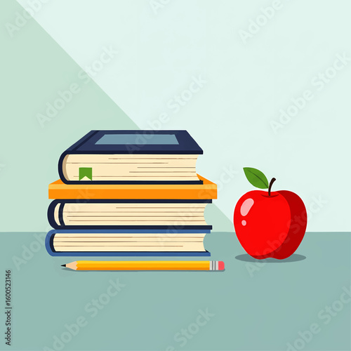 Flat Design Illustration of School Books Apple and Pencil