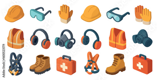 Construction safety isometric icons set – tools, equipment, protective gear images