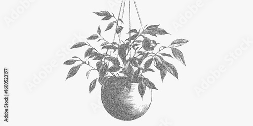 Potted plant with leaves hanging from a hanging basket. Retro stipple drawing with gritty halftone dots, rough paper photocopy texture, threshold contrast, vintage look.