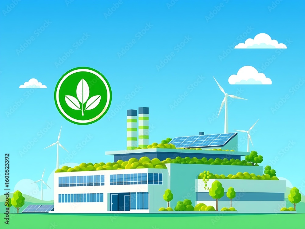 Fototapeta premium Flat vector of a green factory emitting leaf-shaped eco smoke — clean industrial design symbolizing sustainable production, low-emission manufacturing, and environmentally responsible industry practic