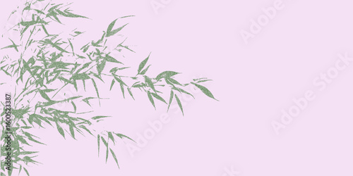 Pink background with a green leafy branch. Old stipple artwork with a photocopy threshold texture. Gritty halftone effect and noisy dotted shading.