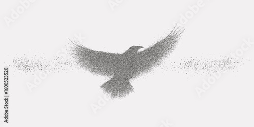 Bird is flying through a cloud of dust. Noisy halftone stipple drawing, photocopy paper look with threshold contrast. Rough dotted texture, edgy retro feel.