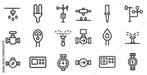 Water management outline icons set – linear, irrigation, conservation graphics