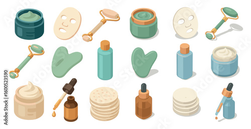 Beauty and skincare isometric icons set – cosmetics, wellness, spa symbols