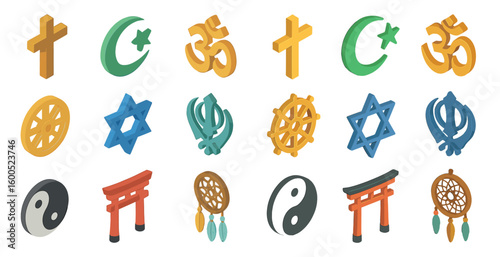 Religious symbols isometric icons set – faith, spirituality, sacred signs