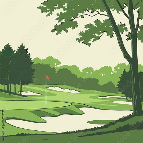 Golf Course Landscape – Green Field with Hole, Flag, and Sand Traps – Vector Scene