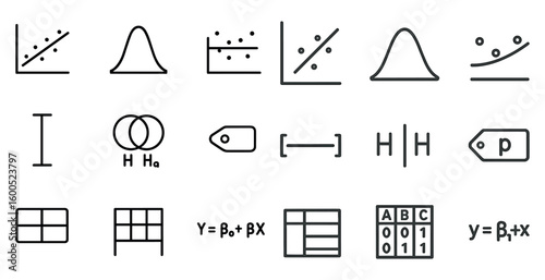 Data analysis linear icons set – charts, graphs, statistical research symbols