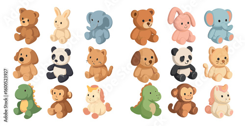 Cute animal toys icons set – flat, solid, baby and children decor symbols