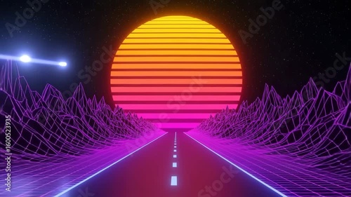 Retro Futuristic Road Trip: Neon-lit highway leading to a vibrant 80s sunset.