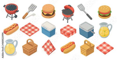 Barbecue and picnic isometric icons set – 3d, outdoor, grilling and summer essentials
