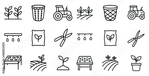 Agriculture and farming linear icons set – outline, garden and farm tools collection