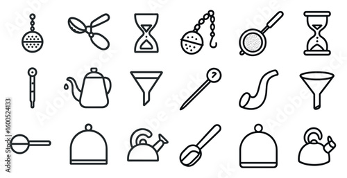 Tea and coffee outline icons set – brewing, flat, beverage essentials symbols