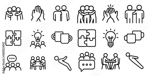 Teamwork and collaboration icons set – outline, linear, partnership visuals