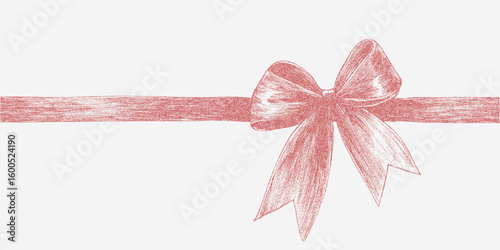 Red ribbon with a bow, gift. Classic stipple sketch with noisy halftone dots, rough threshold edges and photocopy paper, timeless retro mood.