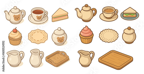 Tea party time icons set – isometric, filled, afternoon tea and bakery symbols