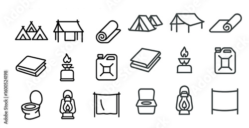 Camping and outdoor outline icons set – linear, hiking, adventure symbols