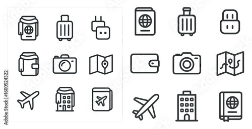Travel and tourism outline icons set – linear, map, journey and adventure symbols