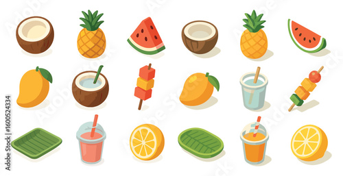 Tropical fruit isometric icons set – vibrant, fresh, summer-themed symbols