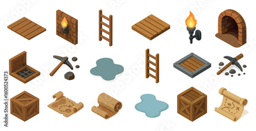 Mining adventure icons set – isometric, exploration and treasure hunt graphics