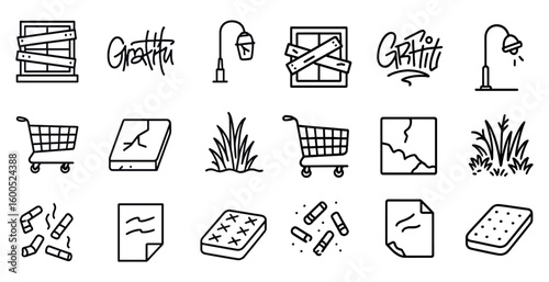 Urban decay outline icons set – graffiti, vandalism, abandoned, and street art elements