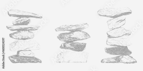 Three stacks of rocks, height and depth. Retro stipple drawing with dotted halftone effect, gritty paper photocopy texture and threshold lines.