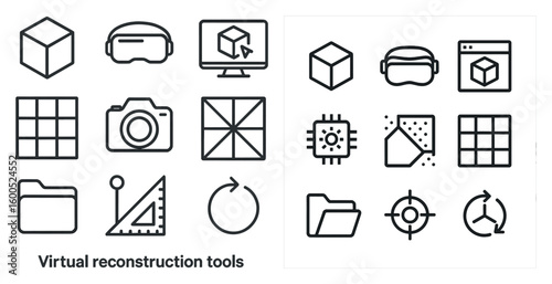 Virtual reconstruction tools outline icons set – linear, 3d, technology symbols