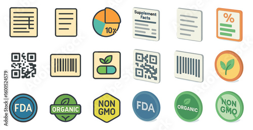 Food and nutrition icons set – outline, organic, dietary and health labels