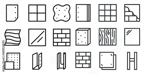 Construction materials outline icons set – linear, building tools, architecture essentials