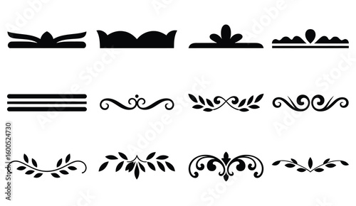 Decorative Black Border and Flourish Icon Set, Elegant Vector Elements