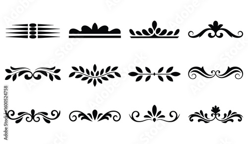 Vintage Style Black Borders and Flourishes Decorative Icons for Certificates, Wedding Invitations, Retro Frames, and Elegant Design Templates