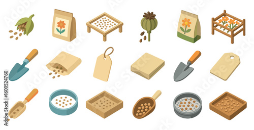 Gardening and farming isometric icons set – seeds, tools, agriculture illustrations
