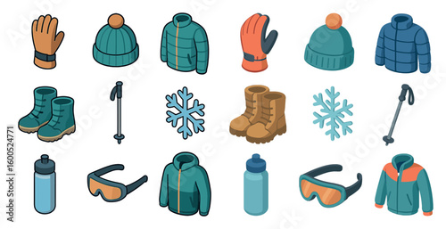 Winter clothing isometric icons set – gear, apparel, cold weather essentials