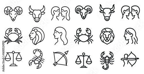 Zodiac horoscope outline icons set – line, astrology, star signs symbols