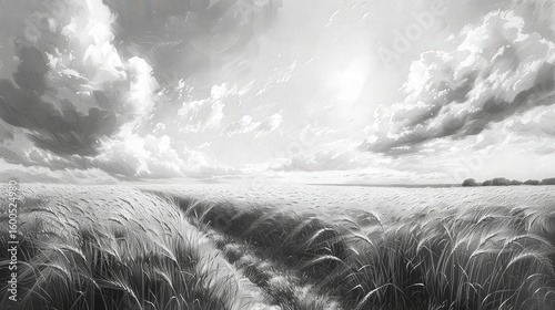 Field with ripe ears of wheat in style of three-dimensional black-and-white pencil drawing. Large ears of wheat, ready for harvesting. On background of road and sky. Sketch. Close-up. Copy space.