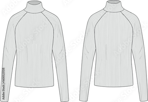 Flat vector CAD illustration of ribbed knit turtleneck sweater, long sleeves, front and back view, slim fit fashion design