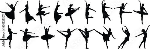 Ballet dancer silhouette, ballerina vector, elegant pose, classical dance, graceful movement, stage performance, dance illustration, woman ballet, black silhouette, choreographed position,