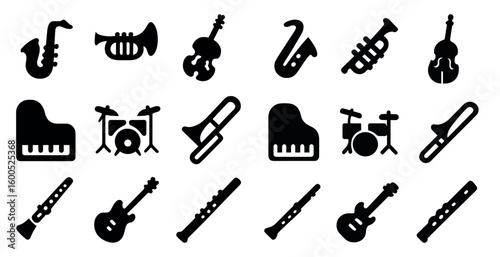 Music instruments icons set – solid, filled, orchestra and band graphics