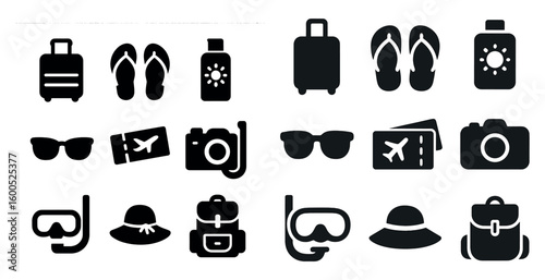 Travel and vacation silhouette icons set – filled, trip, holiday symbols