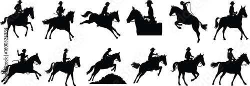 Cowboy, cowgirl, horse, rider, western, silhouette, equestrian, rodeo, galloping, lasso, jumping, saddle, wild west, ranch, action, horseback, rancher, vector, illustration, riding, animal,