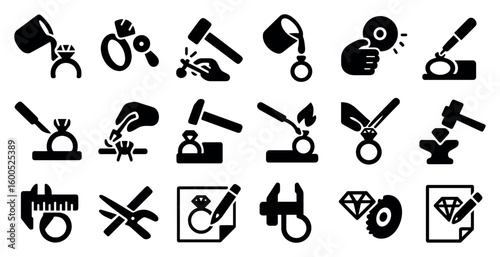 Jewelry craft and creation solid icons set – filled, designing, gemstone symbols