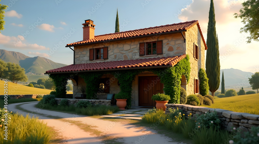 Obraz premium Rustic stone house with terracotta roof and ivy facade surrounded by cypress trees under blue sky
