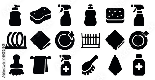 Cleaning tools silhouette icons set – solid, filled, housekeeping and sanitation graphics