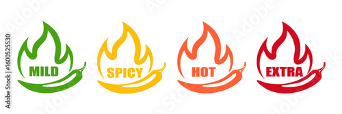 Red Chili Peppers Fire Flames icon. Chili mild level, spicy level, hot level, extra level Label. Hot Spicy green, yellow, orange icons. Logo Spicy. Extra chilli badge. Hand drawn. Vector illustration