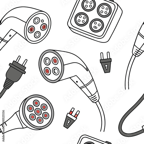 Seamless pattern of electric vehicle charging plugs and connectors with red details on a white background