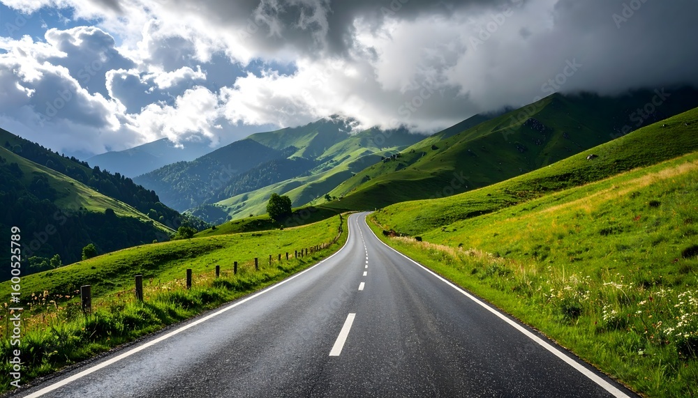 Naklejka premium Road cuts through lush rolling hills