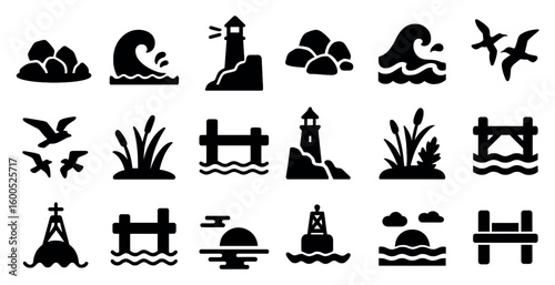 Coastal and ocean silhouette icons set – marine, beach, nautical symbols