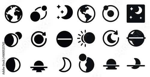 Astronomy solid icons set – planets, celestial, cosmic symbols for space exploration