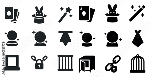 Magic and mystery silhouette icons set – solid, filled, wizardry and illusion tools