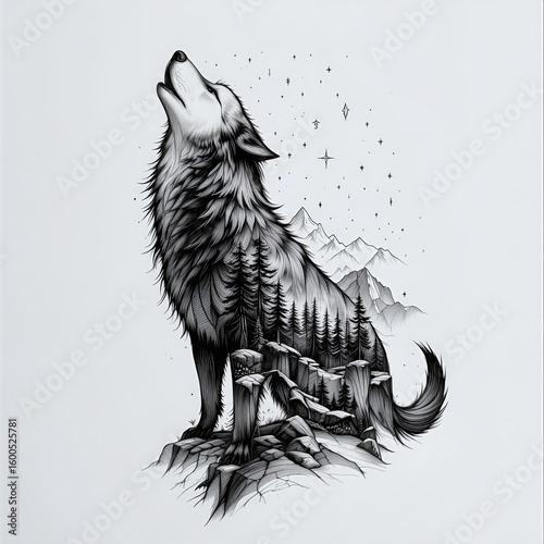 Artistic wolf howling at the starry night sky with forest landscape inside