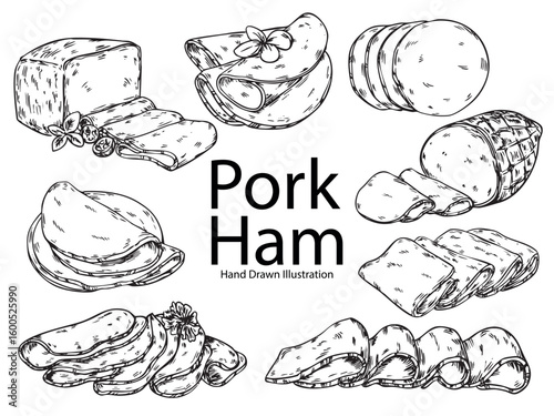 Set of hand drawn pork ham food illustration